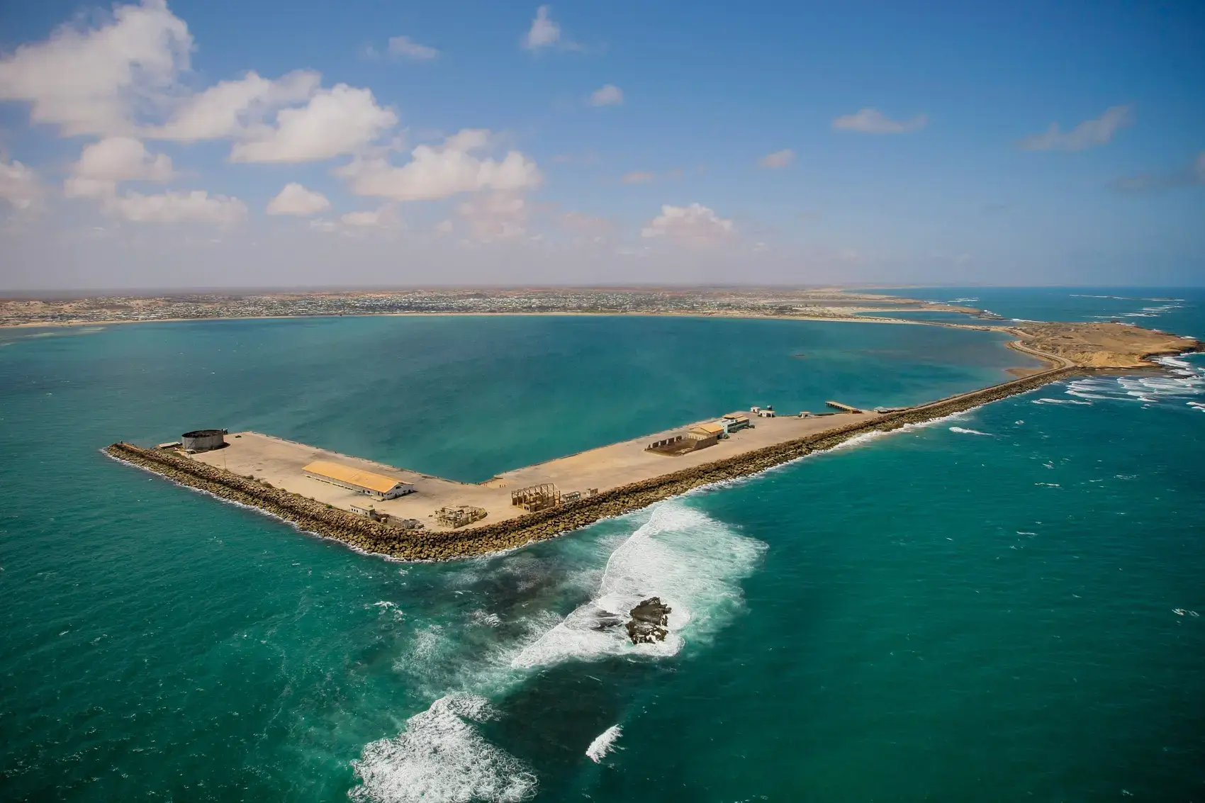 Kismayo's harbour and breakwater from the air